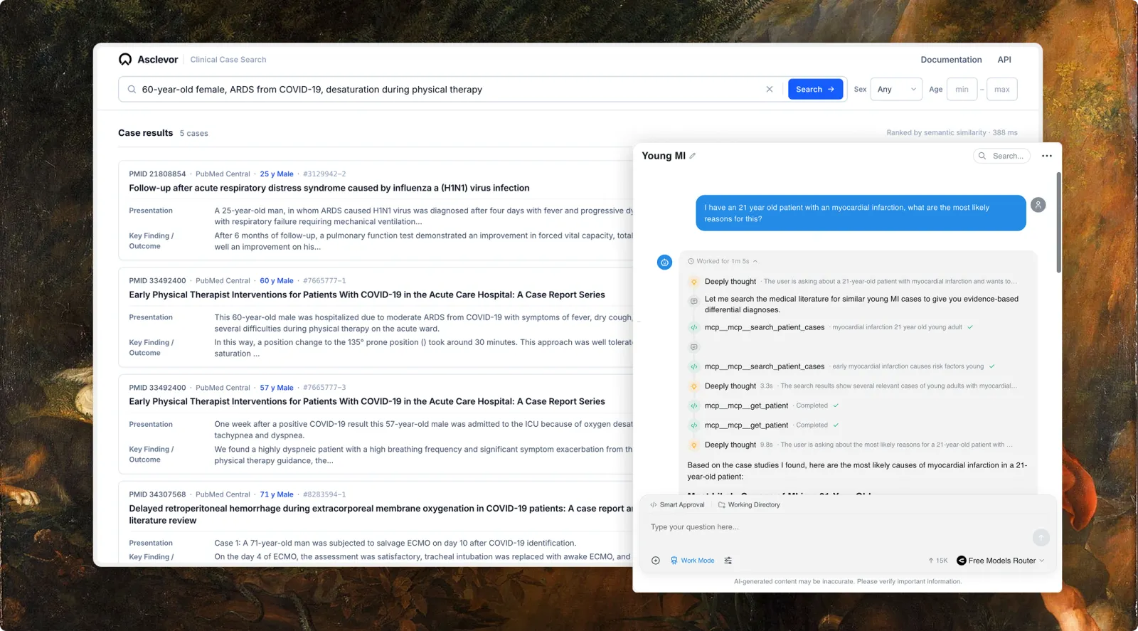 Asclevor case search interface showing a clinical query and matching patient cases