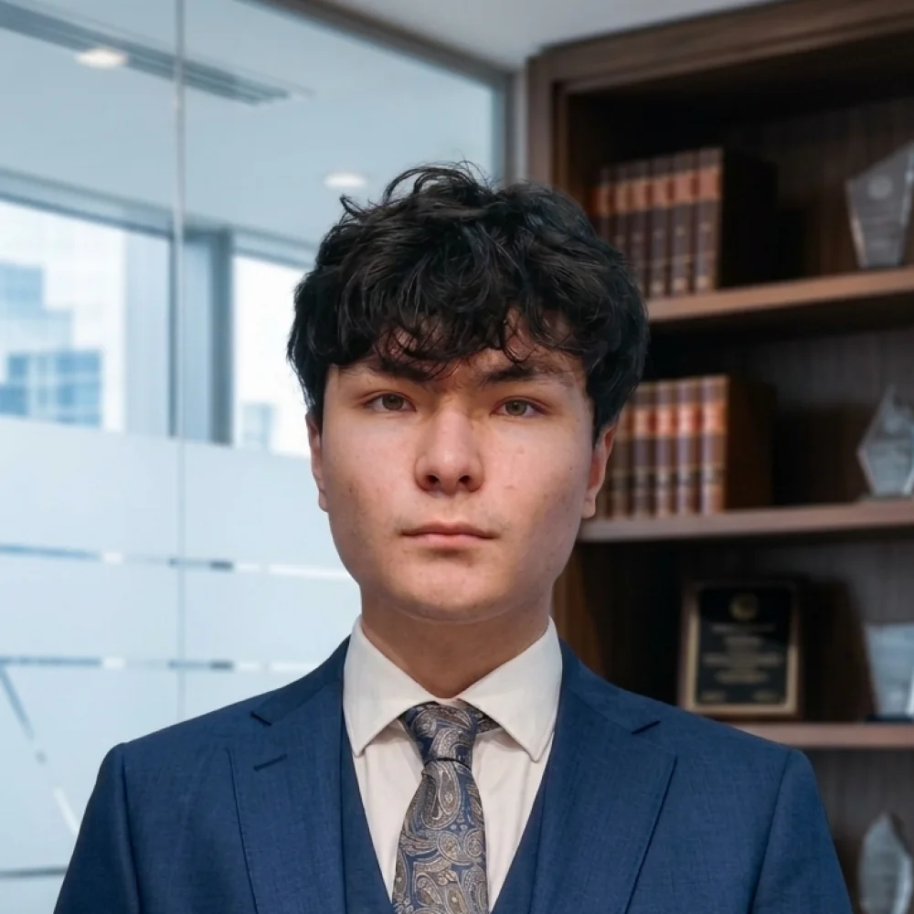 Portrait of Leander Guo, co-founder and CEO of Asclevor, wearing a navy suit in front of a bookshelf